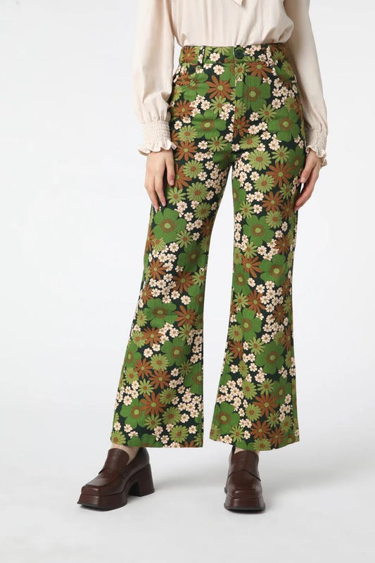 Image of a model wearing Denim. Productname: Bridgette Flare Jean in Green colour by brand - Princess Highway