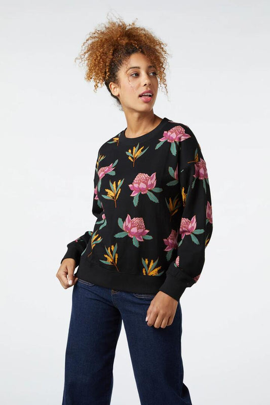 Image of a model wearing Outerwear. Productname: Josie Crewneck in Black colour by brand - Princess Highway