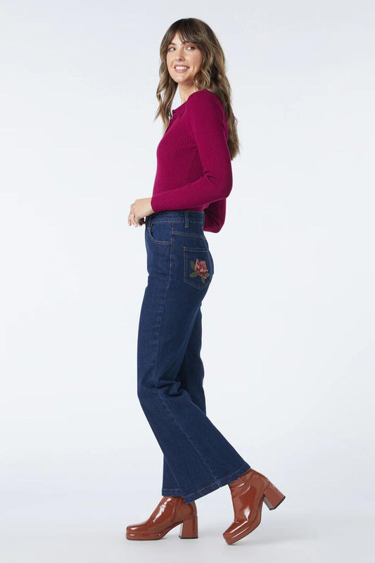 Image of a model wearing Denim. Productname: Josie Embroidered Jean in Dark Denim colour by brand - Princess Highway
