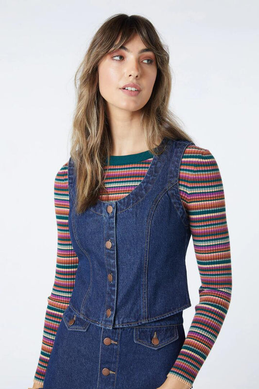 Image of a model wearing Denim. Productname: April Denim Vest in Dark Denim colour by brand - Princess Highway