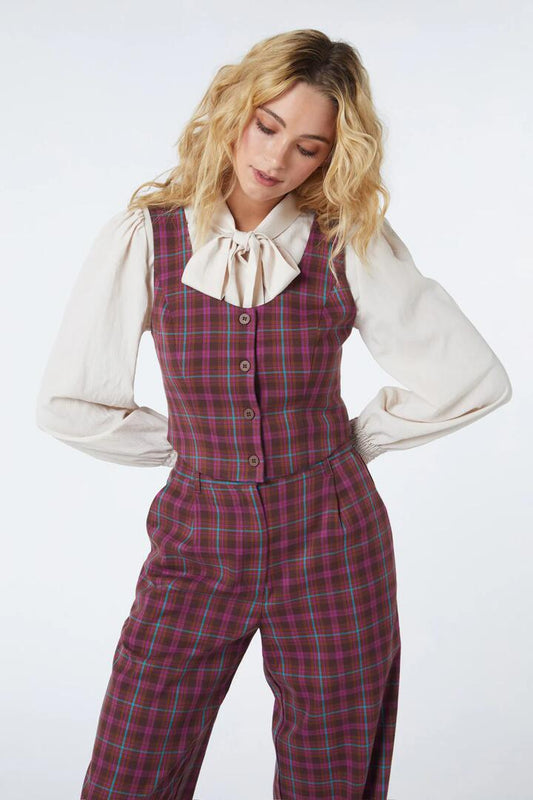 Image of a model wearing Tops. Productname: Ginger Check Vest in Plum colour by brand - Princess Highway
