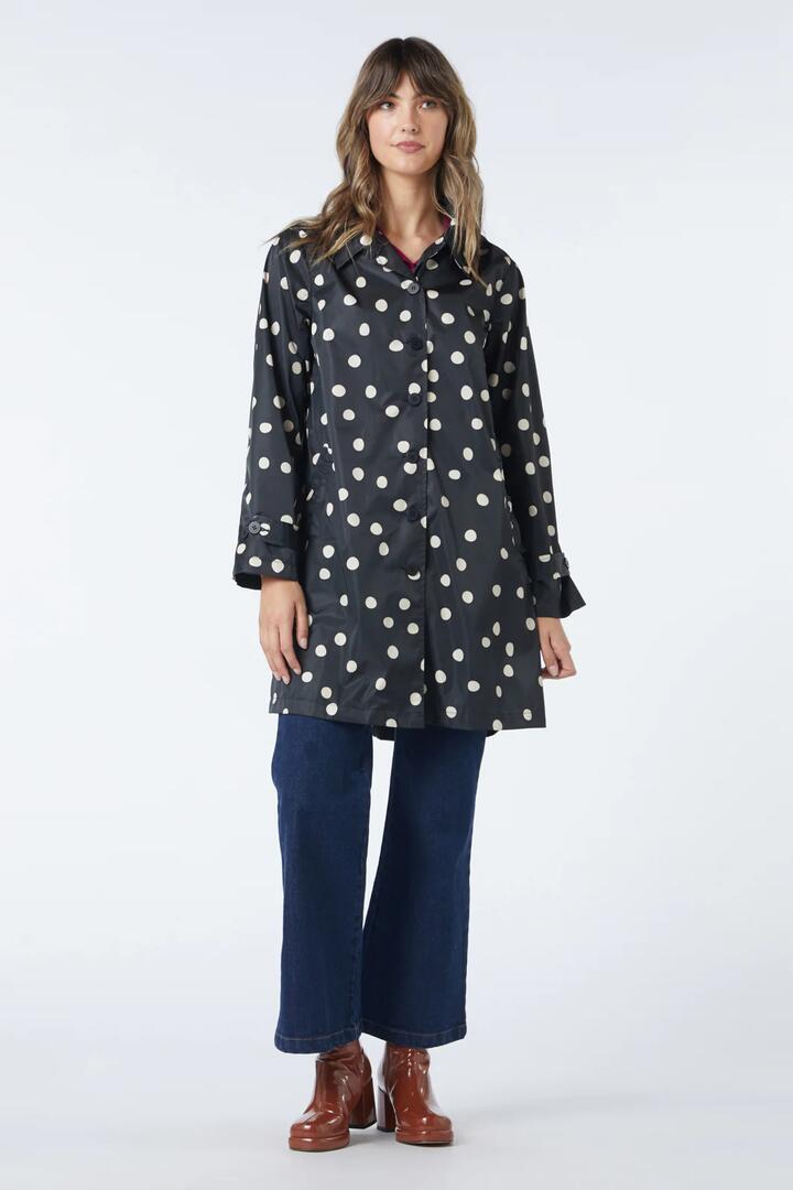 Image of a model wearing Rain Coats. Productname: Georgie Spot Collared Raincoat in Black colour by brand - Princess Highway