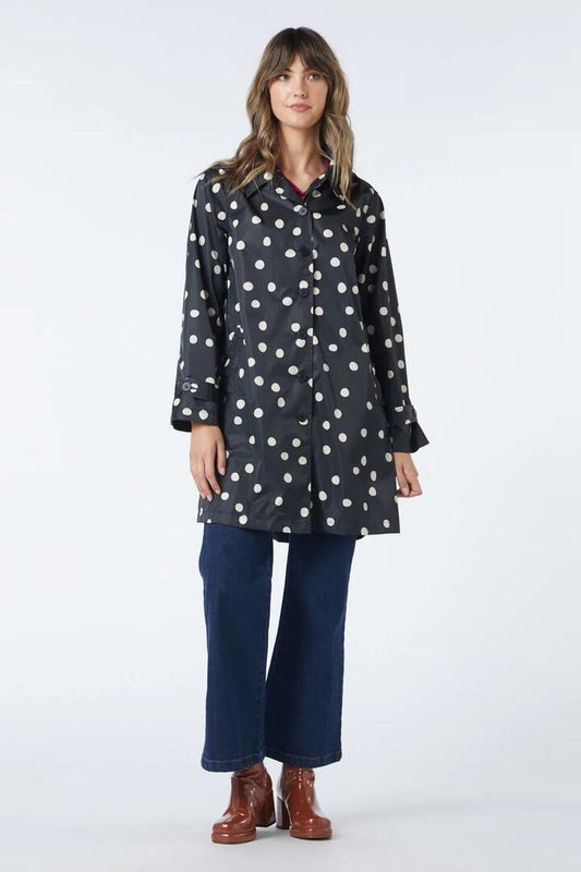 Image of a model wearing Rain Coats. Productname: Georgie Spot Collared Raincoat in Black colour by brand - Princess Highway