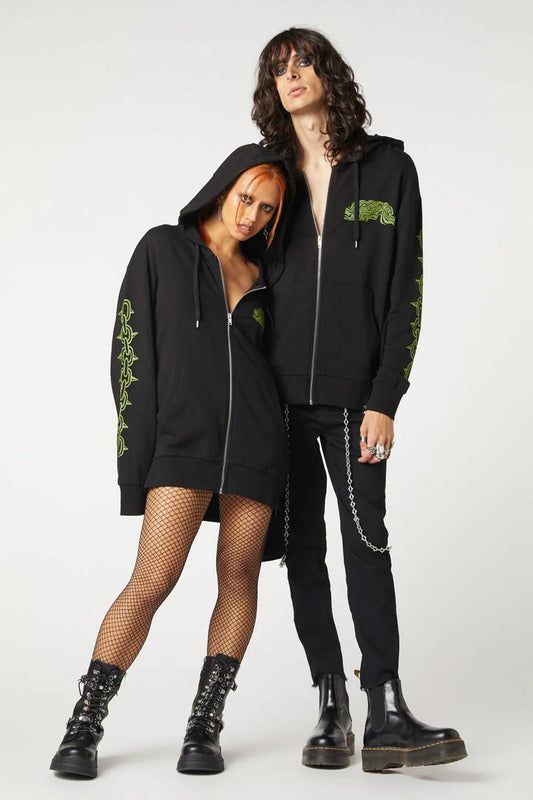 Image of a model wearing Outerwear. Productname: Who Are You Hoodie in Black colour by brand - Dangerfield