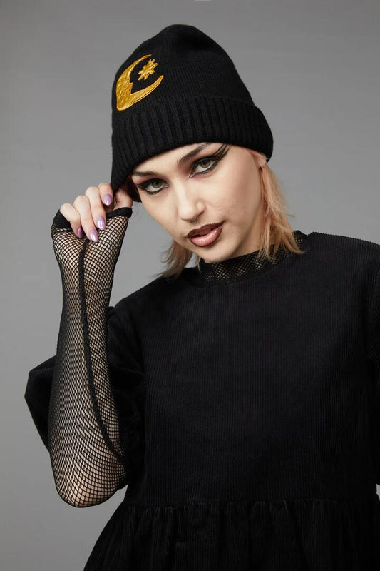Image of Hats. Productname: Celestial Applique Beanie in Black colour by brand - Black Friday