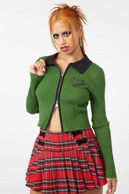 Image of a model wearing Outerwear. Productname: Lurex Embroidery Zip Cardi in Olive colour by brand - Dangerfield