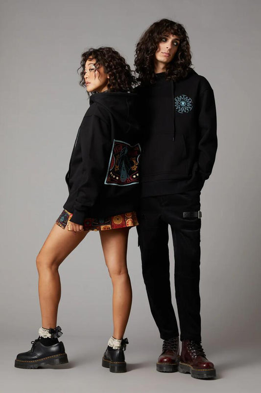 Image of a model wearing Outerwear. Productname: Fear Your Fortune Hoodie in Black colour by brand - Black Friday
