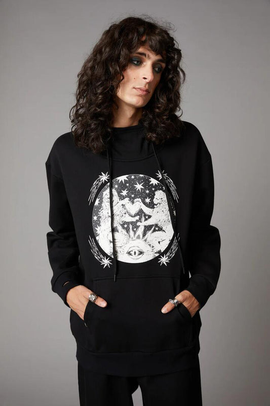 Image of a model wearing Outerwear. Productname: Astro Goth Hoodie in Black colour by brand - Black Friday