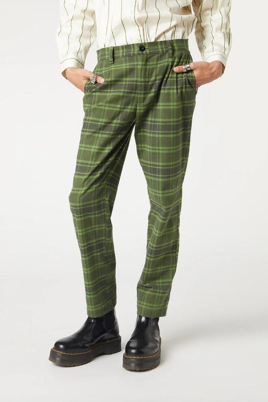 Image of a model wearing Pants. Productname: Meadow Tartan Pant in Olive colour by brand - Dangerfield