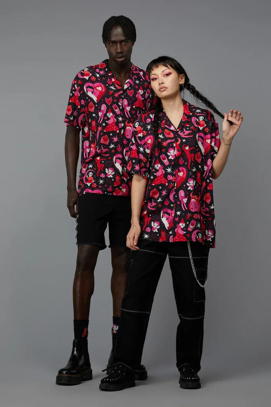 Image of a model wearing Tops. Productname: Devil Dance Party SS Shirt in Black colour by brand - Black Friday