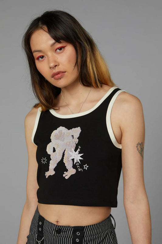 Image of a model wearing Tops. Productname: Sass Print Tank in Black colour by brand - Black Friday