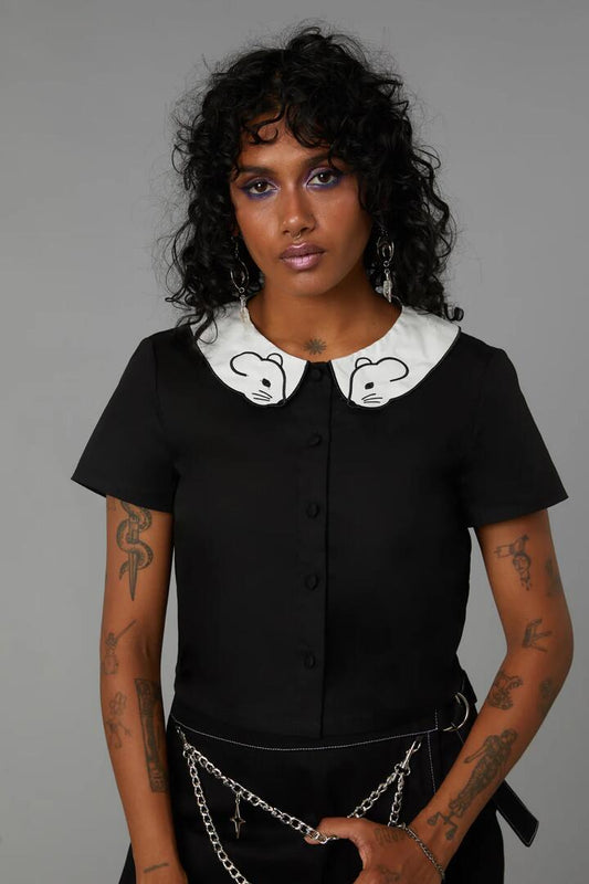 Image of a model wearing Tops. Productname: Mouse Embroidered Blouse in Black colour by brand - Black Friday