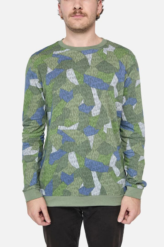 Image of a model wearing Tops. Productname: Splinter Camo LS Top in Green colour by brand - Dangerfield