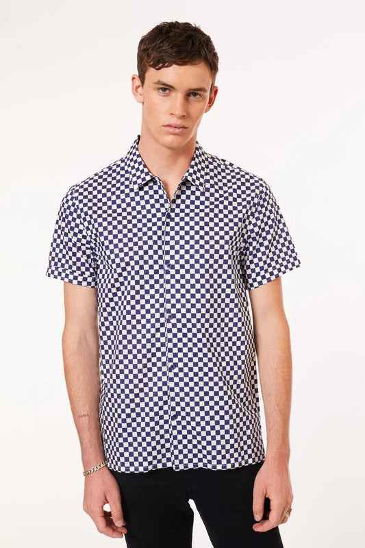 Image of a model wearing Tops. Productname: Blowout SS Shirt in Navy/White colour by brand - Dangerfield