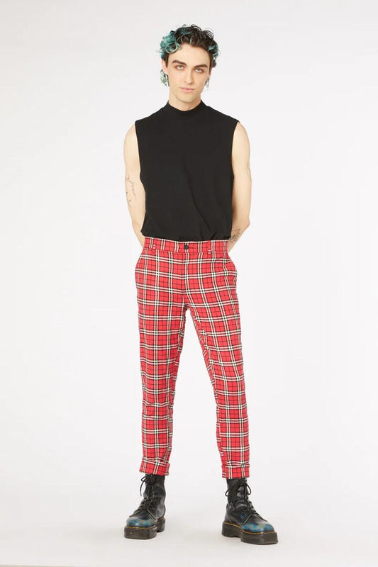 Image of a model wearing Pants. Productname: Nah Tartan Cotton Twill Pant in Red colour by brand - Dangerfield