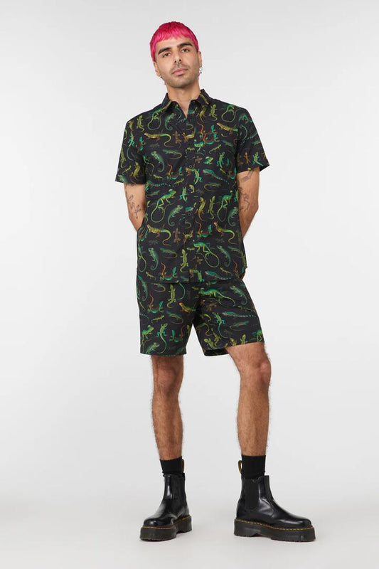 Image of a model wearing Shorts. Productname: Lizard Fam Printed Trunk in Black colour by brand - Dangerfield