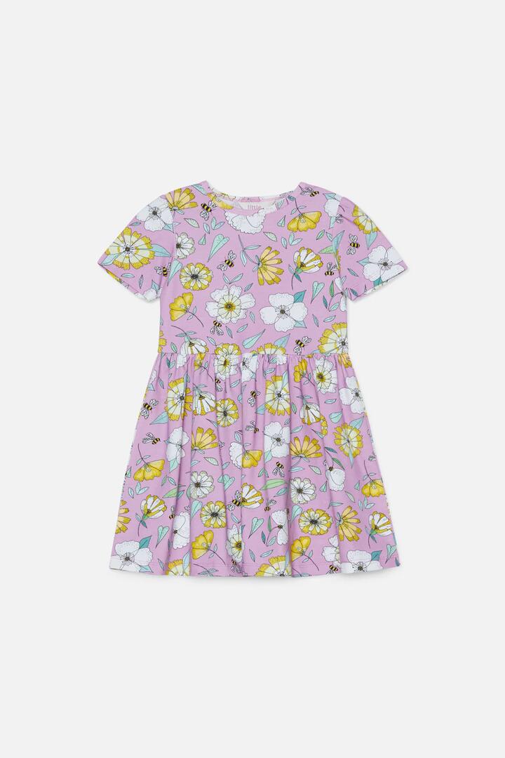 Image of a model wearing Dress. Productname: Bee Floral Kids Jersey Dress in Lilac colour by brand - Princess Highway Kids