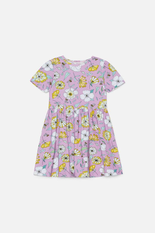 Image of a model wearing Dress. Productname: Bee Floral Kids Jersey Dress in Lilac colour by brand - Princess Highway Kids