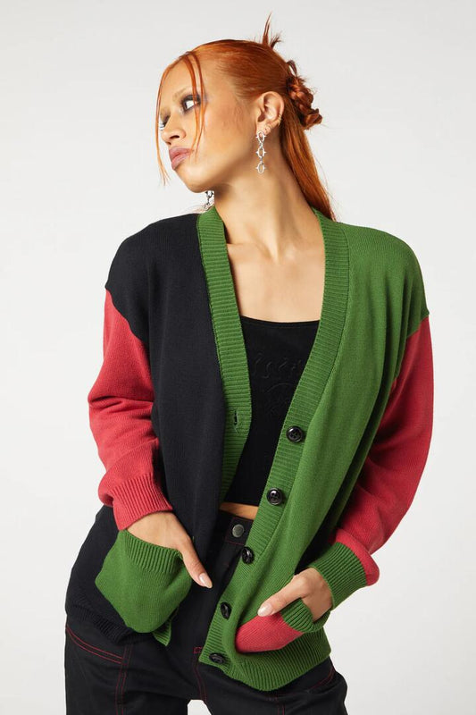 Image of a model wearing Outerwear. Productname: Colourblock Cardigan in Green/Red colour by brand - Dangerfield
