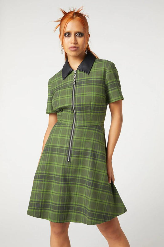 Image of a model wearing Dress. Productname: Meadow Tartan Zipper Dress in Olive colour by brand - Dangerfield