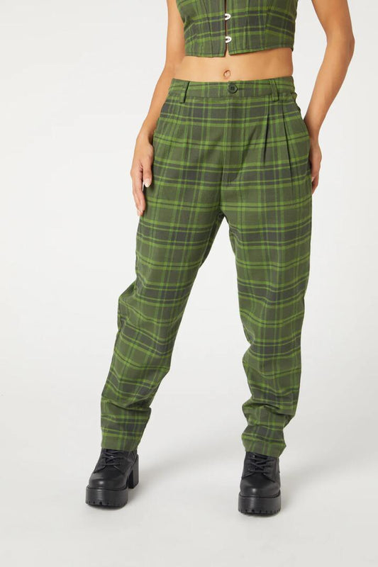 Image of a model wearing Pants. Productname: Meadow Tartan Pants in Olive colour by brand - Dangerfield