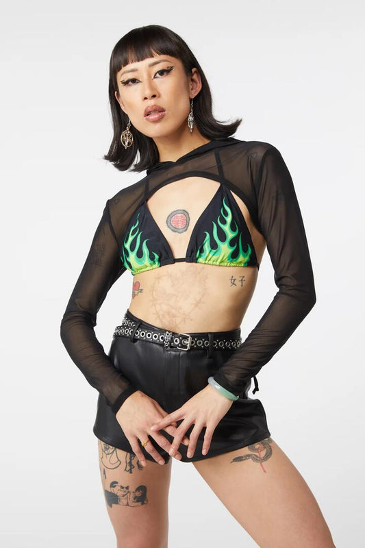 Image of a model wearing Outerwear. Productname: Embers Mesh Crop Hood in Black colour by brand - Dangerfield