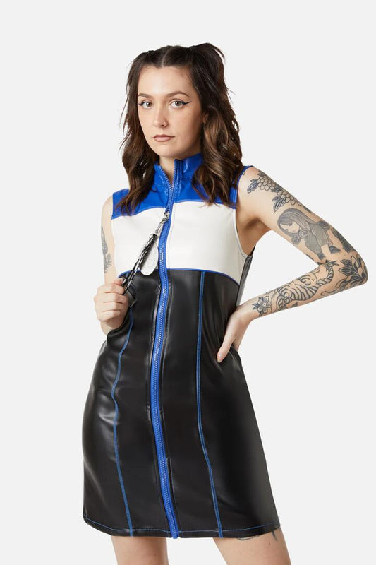 Image of a model wearing Dress. Productname: Chunky Zip Pu Dress in Multi colour by brand - Dangerfield