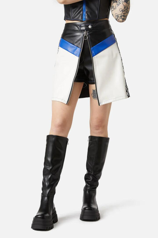 Image of a model wearing Skirts. Productname: Racing Pu Skort in White colour by brand - Dangerfield