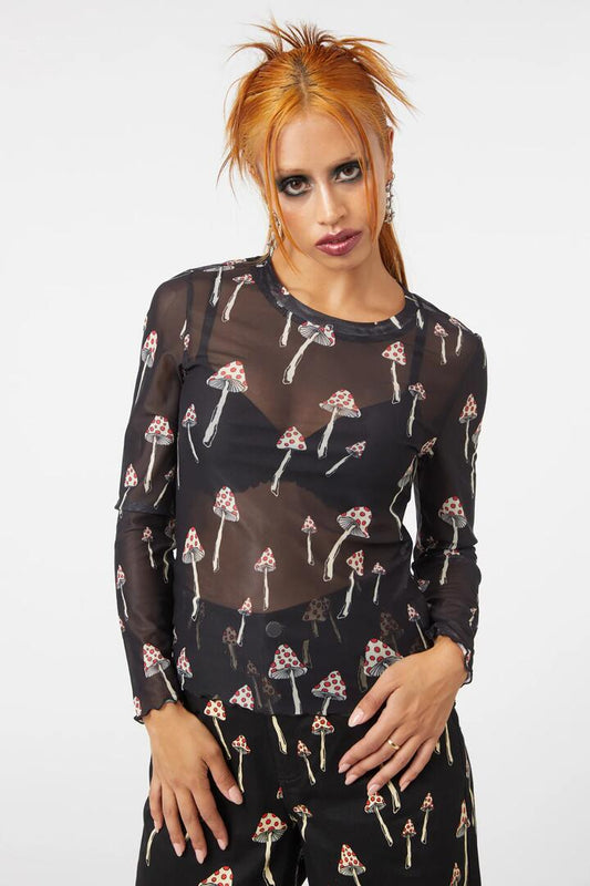 Image of a model wearing Tops. Productname: Shroom Mesh Printed Top in Black colour by brand - Dangerfield