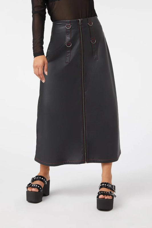 Image of a model wearing Skirts. Productname: Queens Soldier Pu Skirt in Black colour by brand - Dangerfield