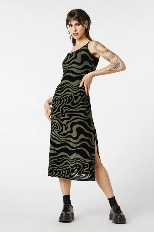 Image of a model wearing Dress. Productname: Who Are You Geo Mesh Dress in Black colour by brand - Dangerfield