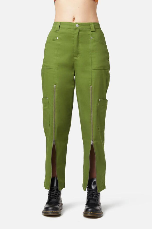 Image of a model wearing Pants. Productname: Cargo Drill Zipper Pants in Olive colour by brand - Dangerfield