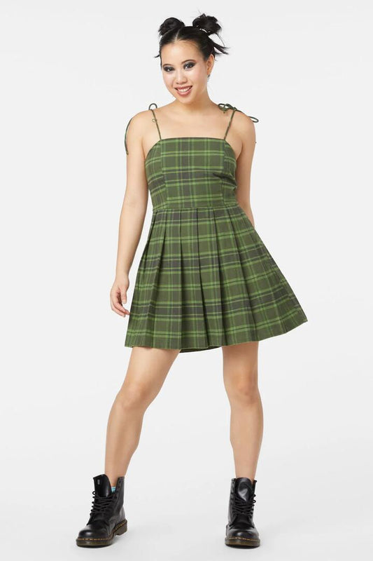 Image of a model wearing Dress. Productname: Meadow Tartan Dress in Olive colour by brand - Dangerfield