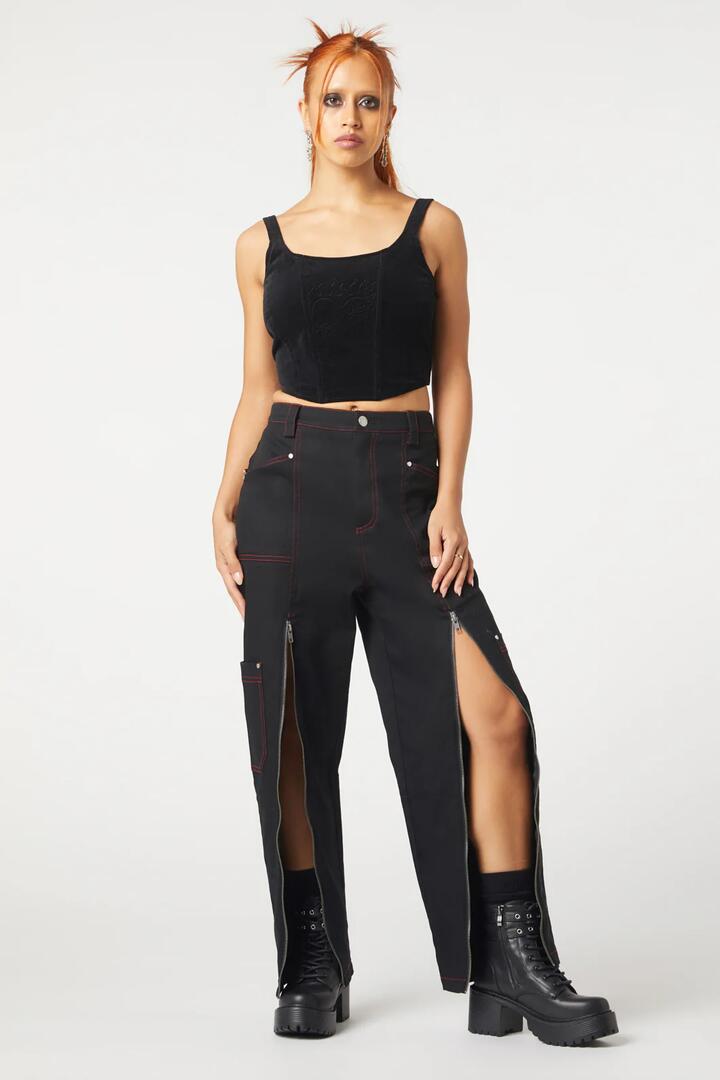 Image of a model wearing Pants. Productname: Contrast Stitch Zipper Pant in Black colour by brand - Dangerfield