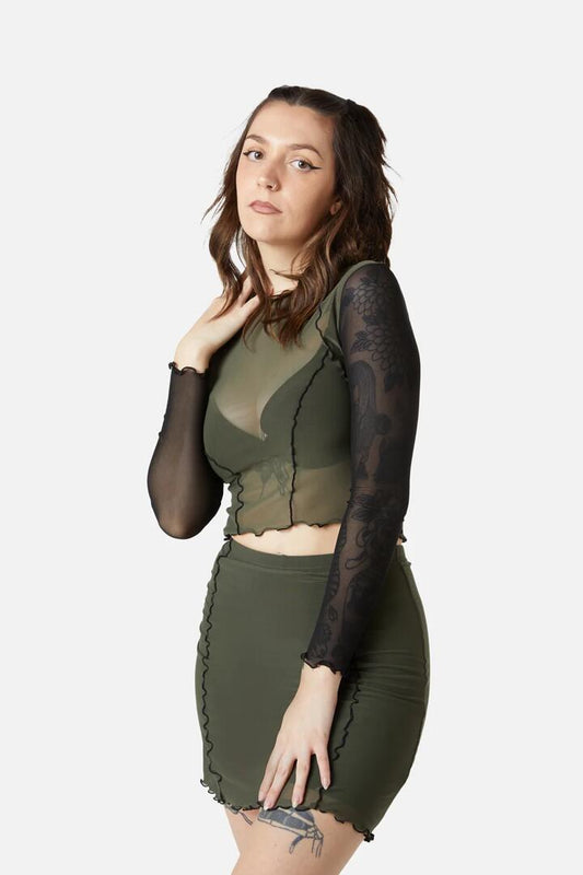 Image of a model wearing Tops. Productname: Sheer Mesh Babylock Top in Olive colour by brand - Dangerfield