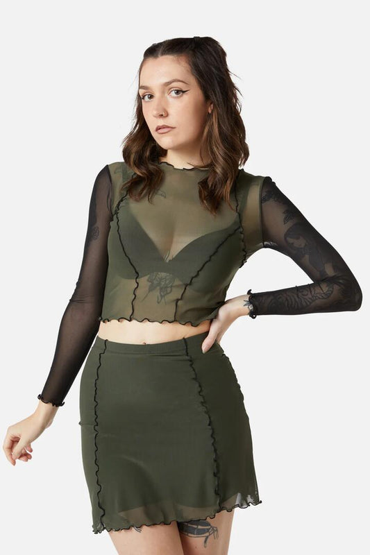 Image of a model wearing Skirts. Productname: Sheer Mesh Jersey Skort in Black colour by brand - Dangerfield