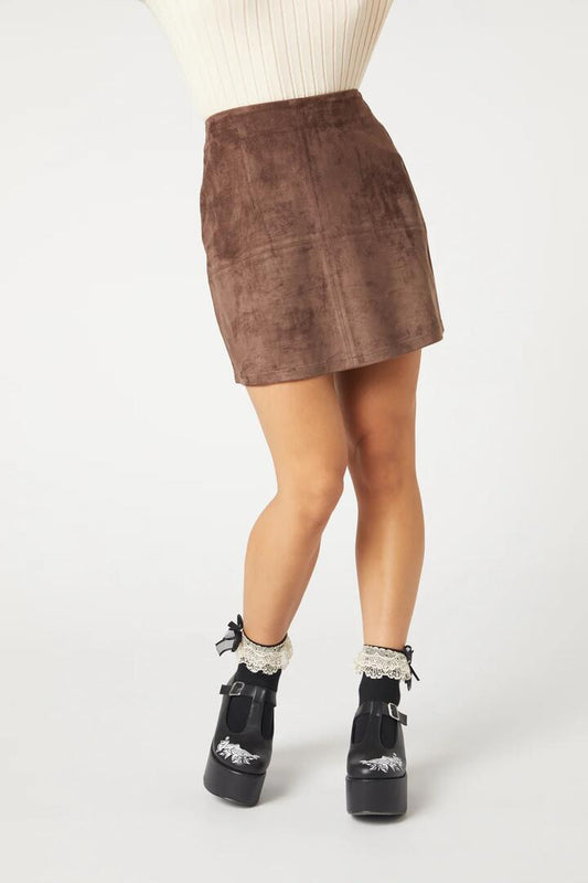 Image of a model wearing Skirts. Productname: Suede Glade Skirt in Brown colour by brand - Dangerfield