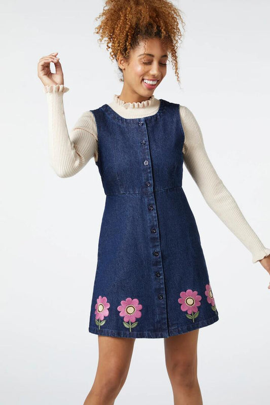 Image of a model wearing Dress. Productname: Fiona Embroidered Pinny in Dark Denim colour by brand - Princess Highway