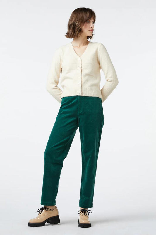 Image of a model wearing Denim. Productname: Bailey Cord Jean in Green colour by brand - Princess Highway
