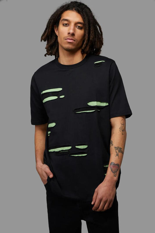 Image of a model wearing Tops. Productname: Distressy Tee in Black/Green colour by brand - Black Friday