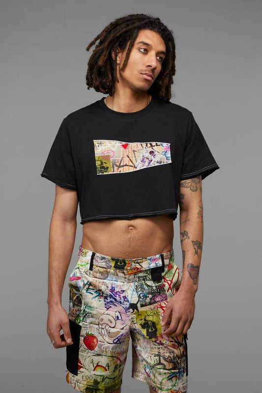 Image of a model wearing Tops. Productname: Back Alley Boxy Crop Tee in Black colour by brand - Black Friday