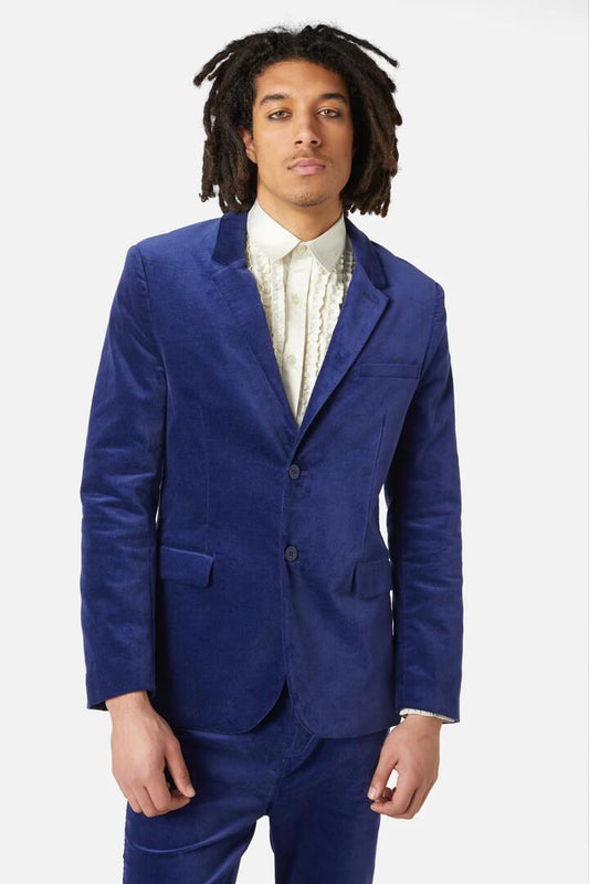 Image of a model wearing Outerwear. Productname: Mojo Velvet Jacket in Blue colour by brand - Dangerfield