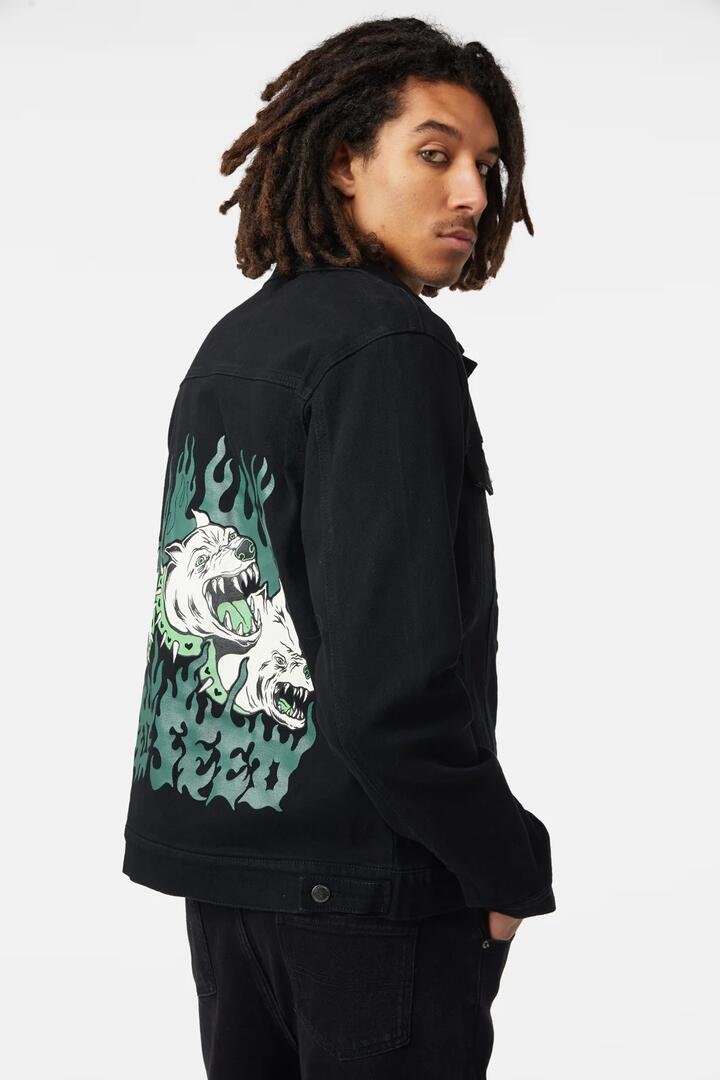 Image of a model wearing Denim. Productname: On Guard Back Print Denim Jacket in Black colour by brand - Dangerfield