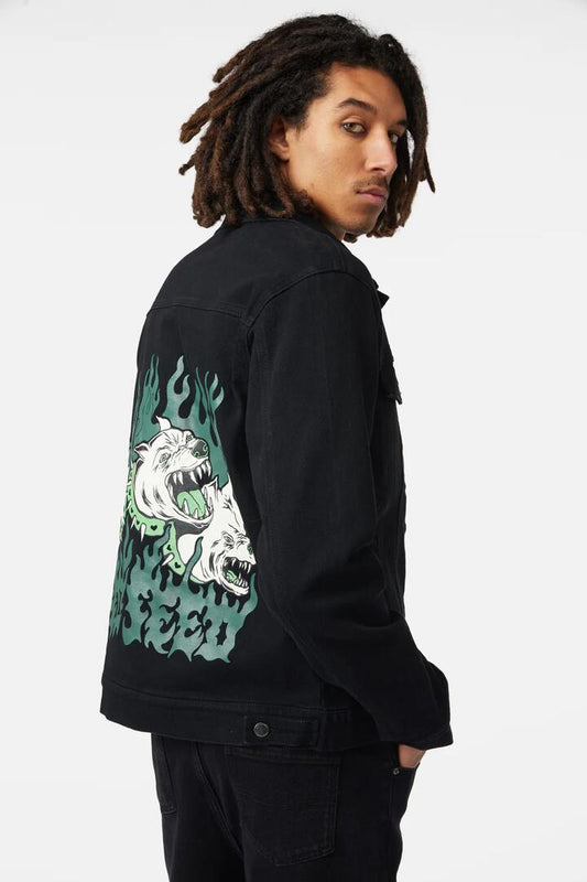 Image of a model wearing Denim. Productname: On Guard Back Print Denim Jacket in Black colour by brand - Dangerfield