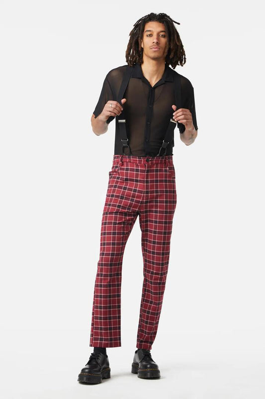 Image of a model wearing Pants. Productname: Revenge Tartan Brace Trousers in Maroon colour by brand - Dangerfield