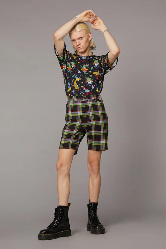 Image of a model wearing Shorts. Productname: Vivid Tartan Unisex Short in Multi colour by brand - Black Friday