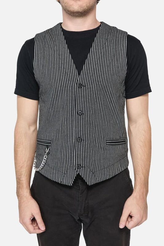 Image of a model wearing Tops. Productname: Gomez Pin Stripe Vest in Black/Red colour by brand - Black Friday