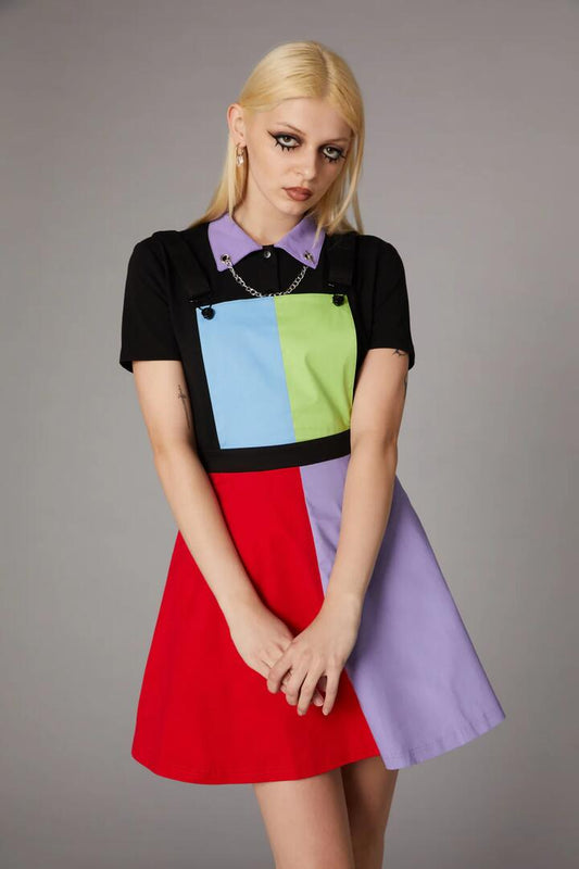 Image of a model wearing Dress. Productname: 80S Colour Block Pinafore in Multi colour by brand - Black Friday
