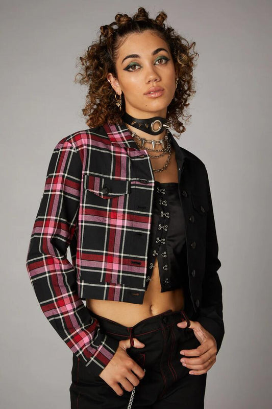 Image of a model wearing Outerwear. Productname: Punk Valentine Tartan Jacket in Red/Pink colour by brand - Black Friday