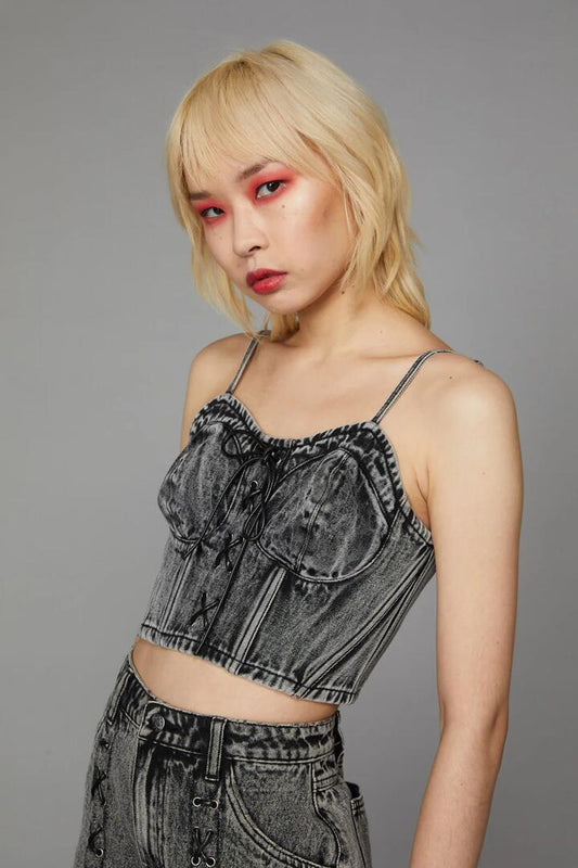 Image of a model wearing Tops. Productname: Acid Wash Lace Up Top in Acid Wash colour by brand - Black Friday